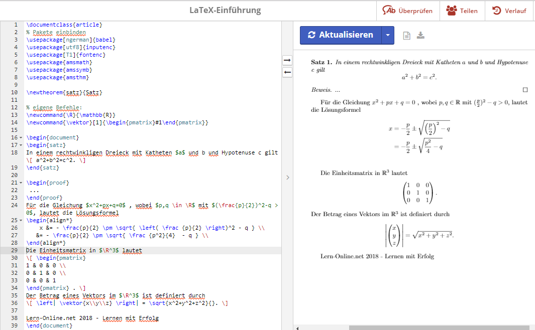 Screenshot von ShareLaTeX mit eigenen definierten Befehlen in LaTeX.