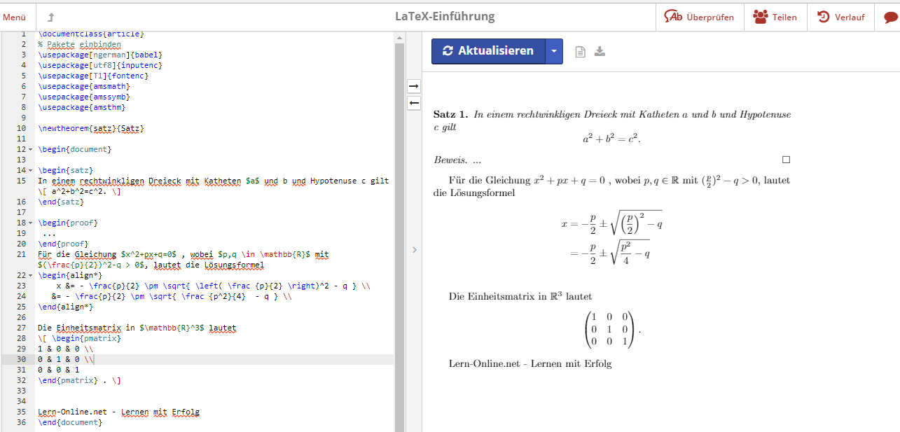 Screenshot von ShareLaTeX mit dem AMS-Formelsatz in LaTeX.