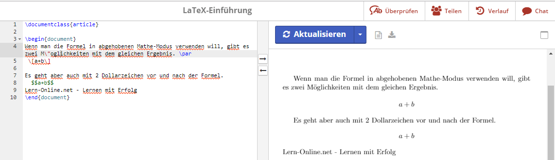 Screenshot von ShareLaTeX mit dem abgehobenen Mathe-Modus in LaTeX.