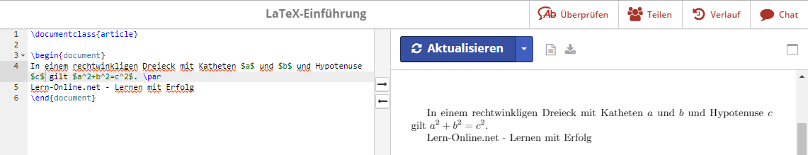 Screenshot von ShareLaTeX mit dem Mathe-Modus in LaTeX.