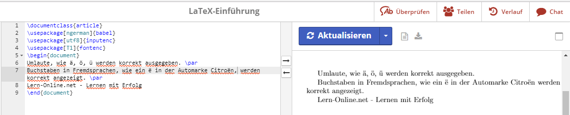 Screenshot von ShareLaTeX mit Umlauten in LaTeX.